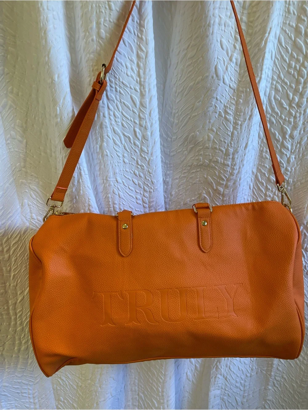 TRULY Orange Leather Duffle Bag Travel Luggage - NWT **